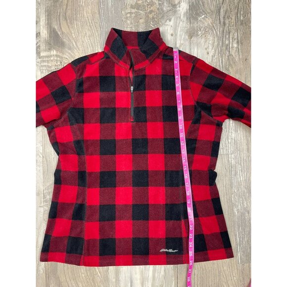 Eddie Bauer 1/4 Zip Buffalo Plaid Fleece Pullover Womens Large Red Top Shirt - Picture 7 of 7